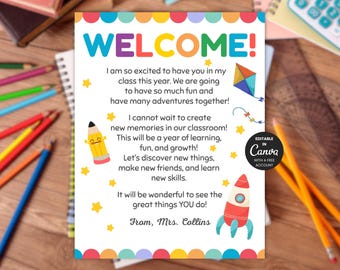 First Day of School Welcome Letter: Teacher Card, Editable Canva Template