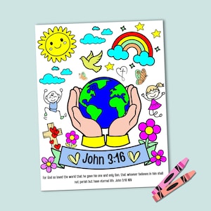 Página para colorear de Juan 3:16, Versículos bíblicos para colorear, Porque de tal manera amó Dios al mundo, Hoja de actividades para la iglesia, Fe religiosa para colorear imprimible