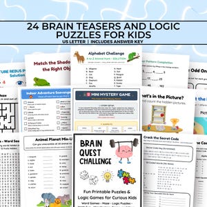 Peut inclure: Un ensemble de casse-têtes et de jeux de logique imprimables pour enfants. L'image présente différents types de puzzles, notamment des labyrinthes, des recherches de mots et des défis de décodage, avec des illustrations et du texte colorés. Le titre indique "24 Brain Teasers and Logic Puzzles for Kids."
