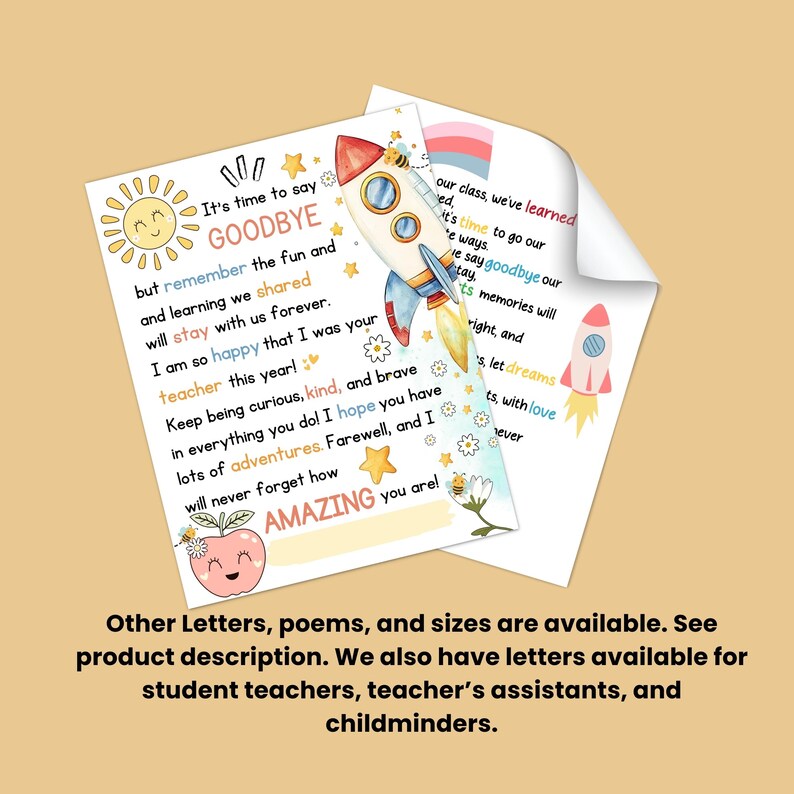 Bye Rocketship End of School Year Letter Printable: Teacher Goodbye Card for ...