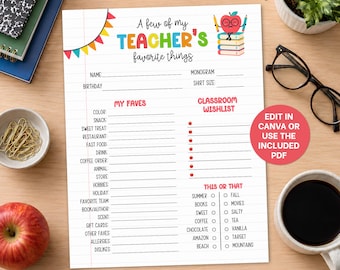 Get to Know Your Teacher, Favorite Things List, All About Me, Teacher Wish List, All About My Teacher Survey Questionnaire