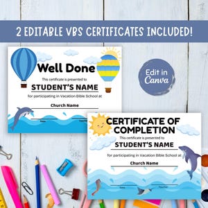 VBS Certificate of Completion Church Printables, Printable Award Certificate Template, Participation Award, Editable Canva Template
