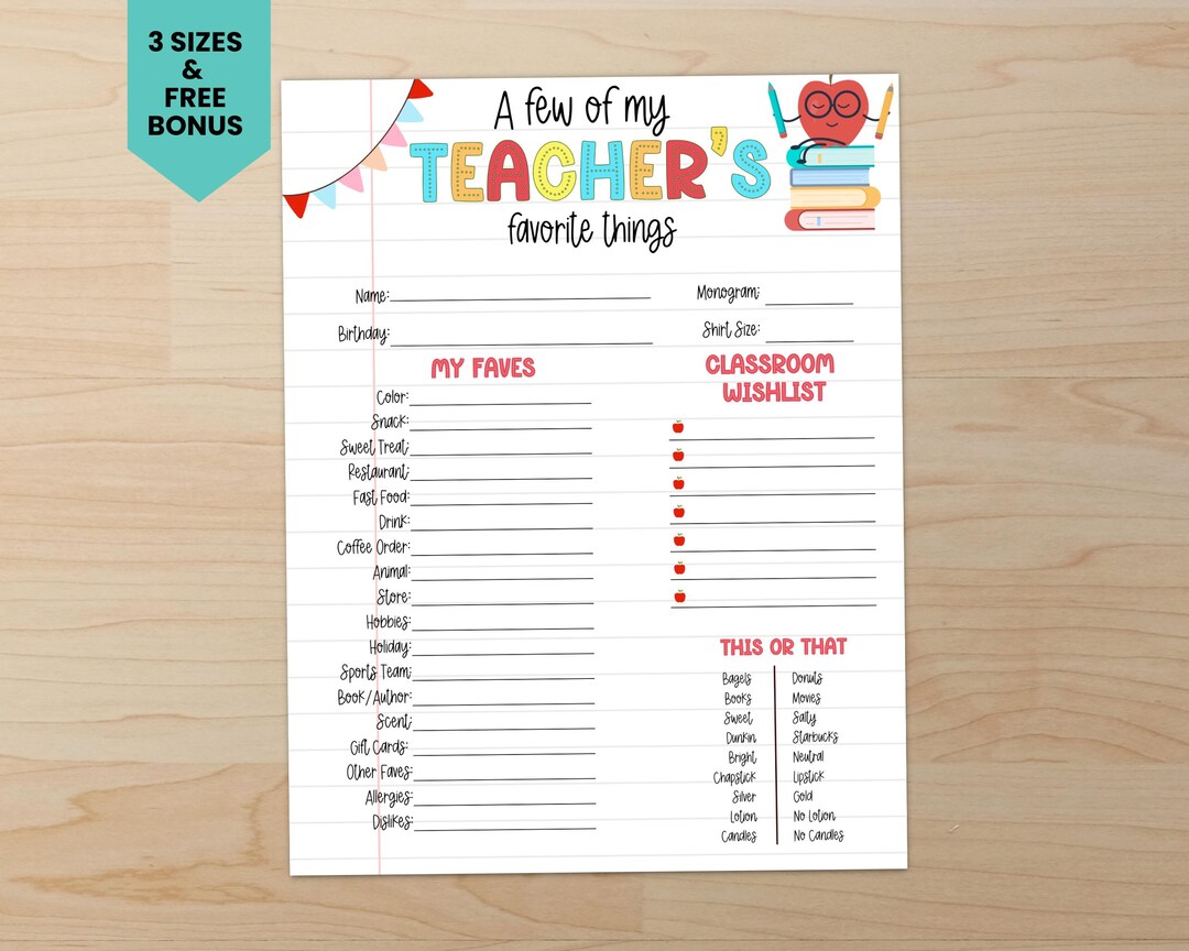 Get to Know Your Teacher, Favorite Things List, All About Me, Teacher ...