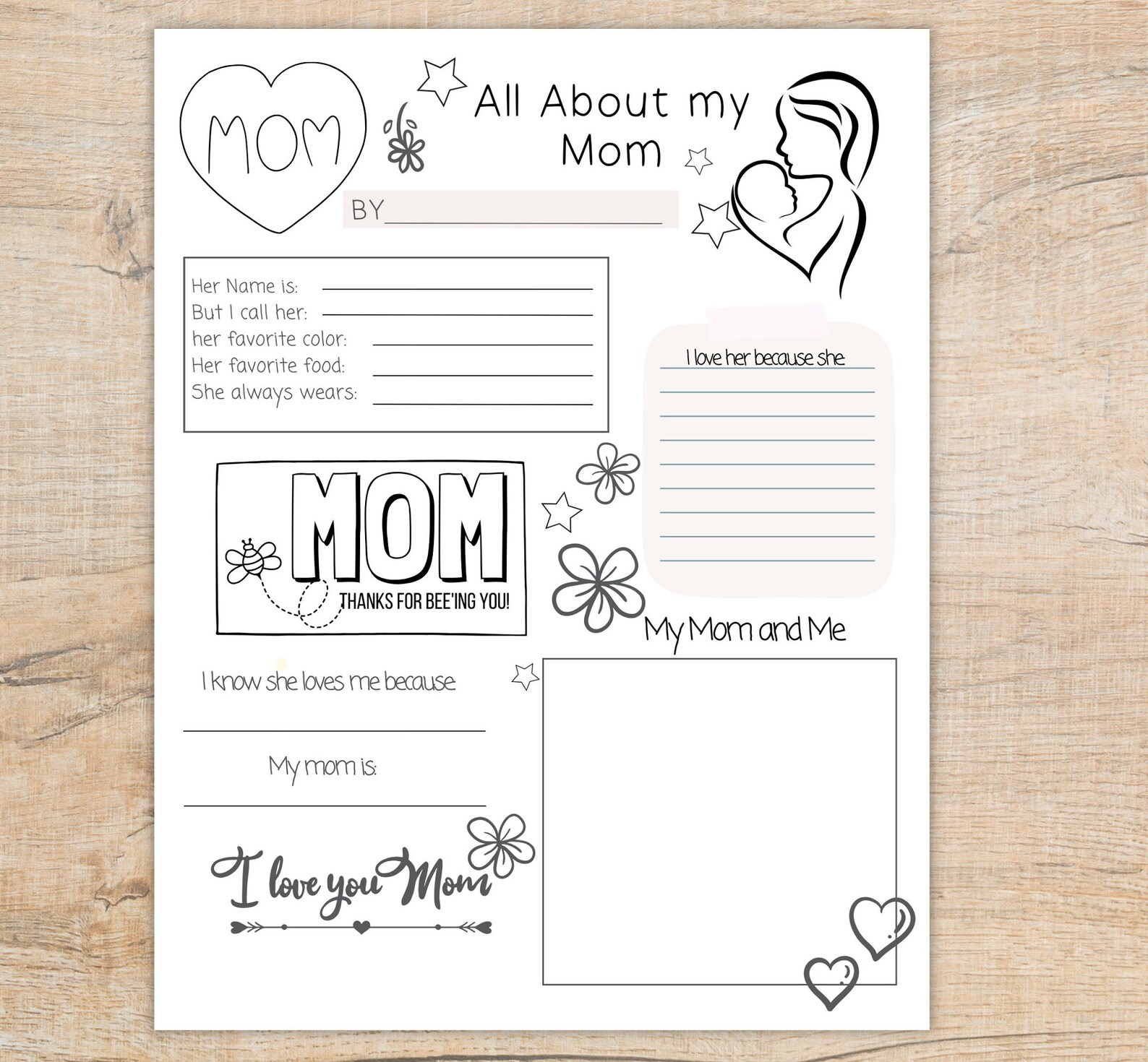 All About Mom Gift, Mothers Day Coloring Page, I Love You Mom Card, Mothers Day Printable ...