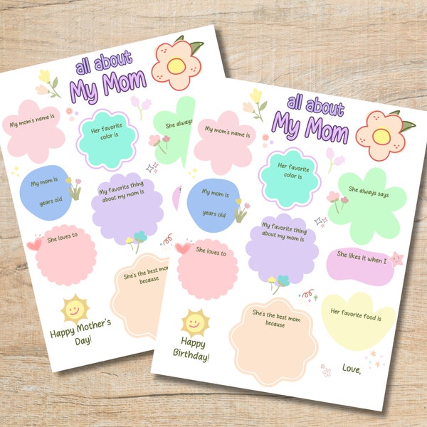 All About My Mom Printable, Mother's Day Gift from Kids Printable, Birthday Gift for Mom from Kids, Fill in the Blank Activity Card