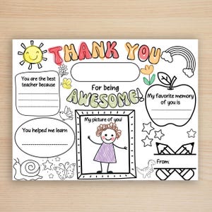 Imprimible de agradecimiento para maestros, página para colorear para maestros, carta de despedida para maestros, semana de agradecimiento a los maestros, regalo de fin de año de un estudiante