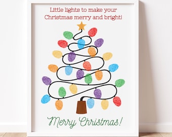 May include: A framed Christmas print featuring a Christmas tree made of colorful fingerprint lights. The tree is adorned with red, blue, yellow, orange, and purple lights. The text reads "Little lights to make your Christmas merry and bright!" and "Merry Christmas!"