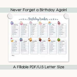 Printable Birthday Calendar, Editable Birthday Tracker, Kawaii Birthday Planner, Birthday List, Birthday Reminder, Birthday Organizer