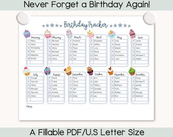 Calendario de cumpleaños imprimible, Rastreador de cumpleaños editable, Planificador de cumpleaños kawaii, Lista de cumpleaños, Recordatorio de cumpleaños, Organizador de cumpleaños