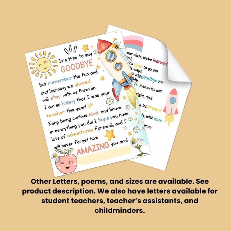 End of Year Student Letter & Poem: Teacher Goodbye Gift for Last Day of ...