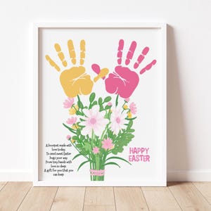 Påskpyssel med handavtryck och blommor och dikt, utskrivbar aktivitet för dagis med vårhandavtryck