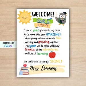 Volante de bienvenida al colegio editable, tarjeta imprimible para el primer día de colegio, carta editable para estudiantes del maestro para imprimir, editar en Canva