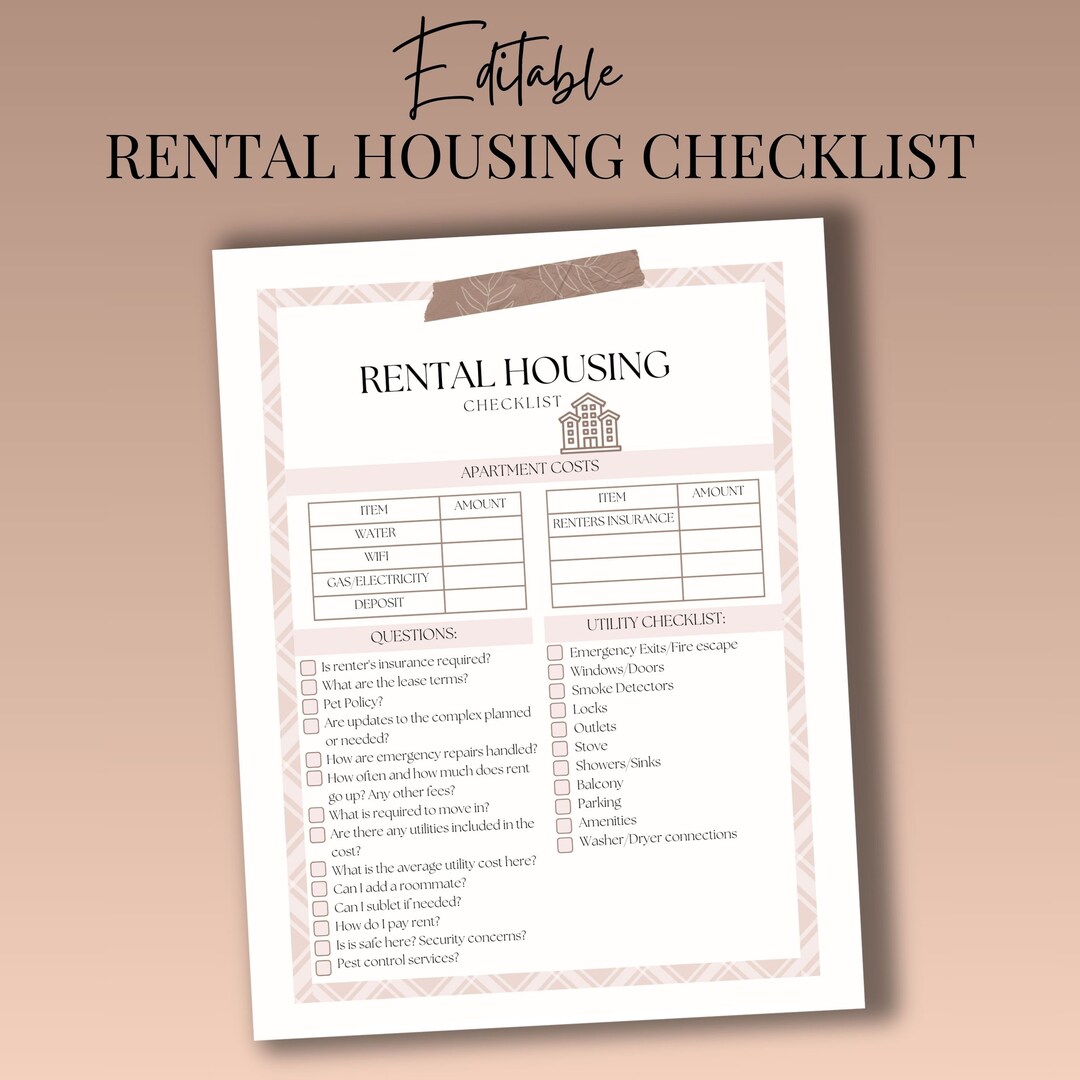 Editable Apartment Hunting Checklist, Fillable Rental Housing Checklist, Comprehensive Rental