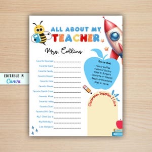 Alles über meinen Lehrer Vorlage, bearbeitbare Liste der Lieblingsgegenstände des Lehrers, Geschenkideen für Lehrer, Wunschliste für Lehrer Canva Template Printable