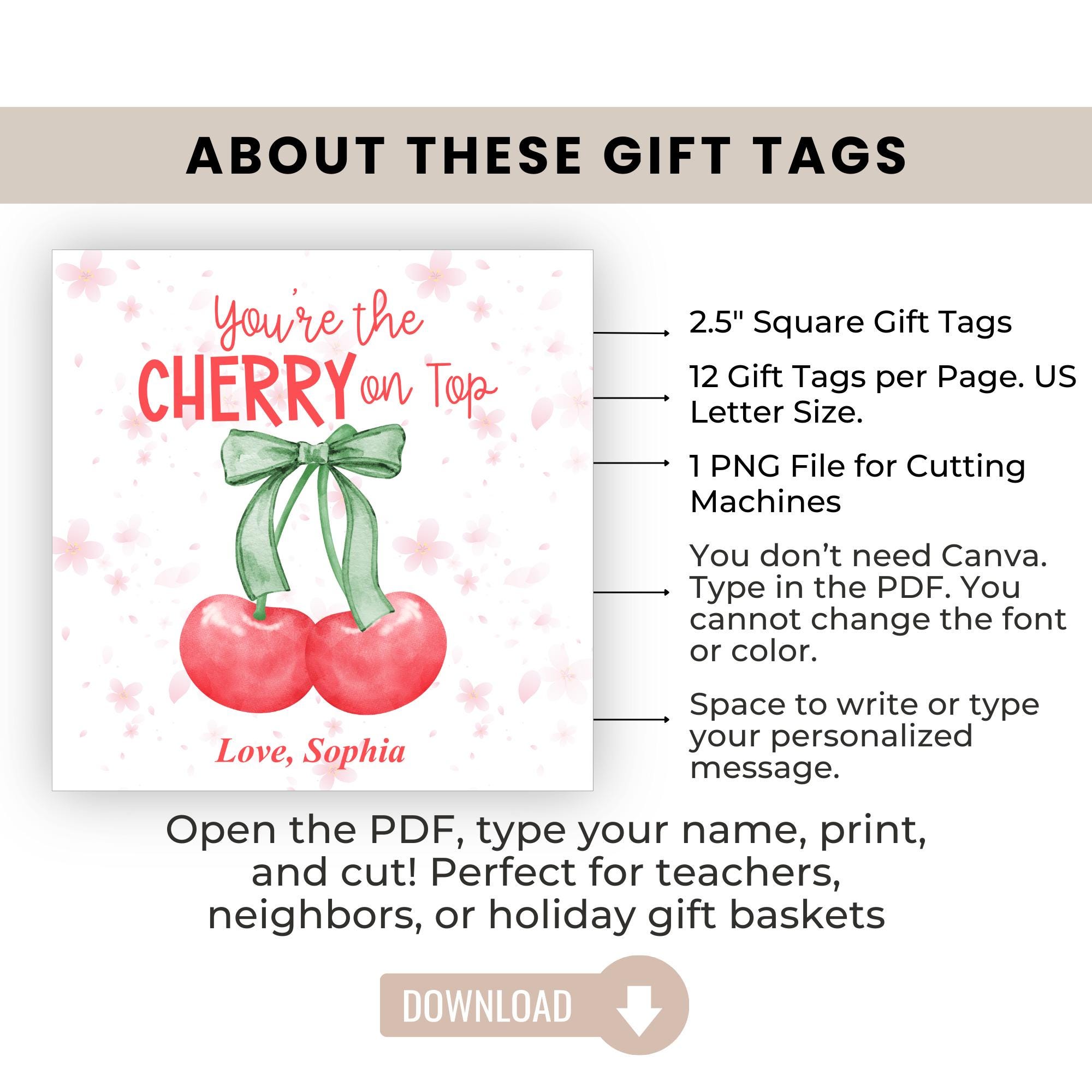 Cherry on Top Printable Gift Tags, Editable Tags for Teacher ...