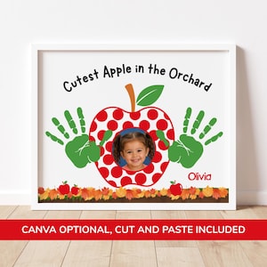 Apple Handprint Craft Printable with Editable Photo Frame, Toddler Fall Craft, Daycare and Preschool Keepsake, Canva Handprint Template