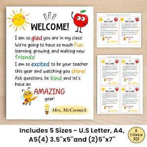 Volante editable de bienvenida a clases, tarjeta imprimible para el primer día de clases, carta editable del maestro a los estudiantes (imprimible), PDF rellenable