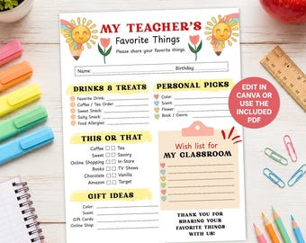 Get to Know Your Teacher Printable Survey, Favorite Things List, All About Me Teacher Wish List, Interview Form