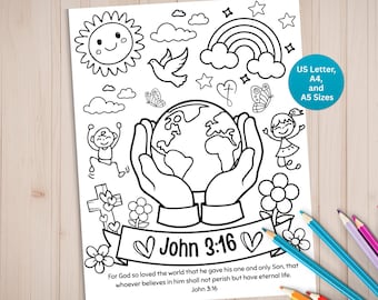 John 3:16 Coloring Page Printable, Bible Verse Printable, Sunday School Activity