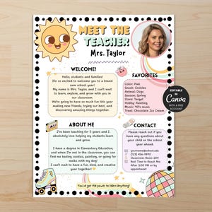 Meet the Teacher Template, Teacher Introduction, Teacher Welcome Letter, Classroom Management, All About Me Template Canva Groovy Retro Vibe