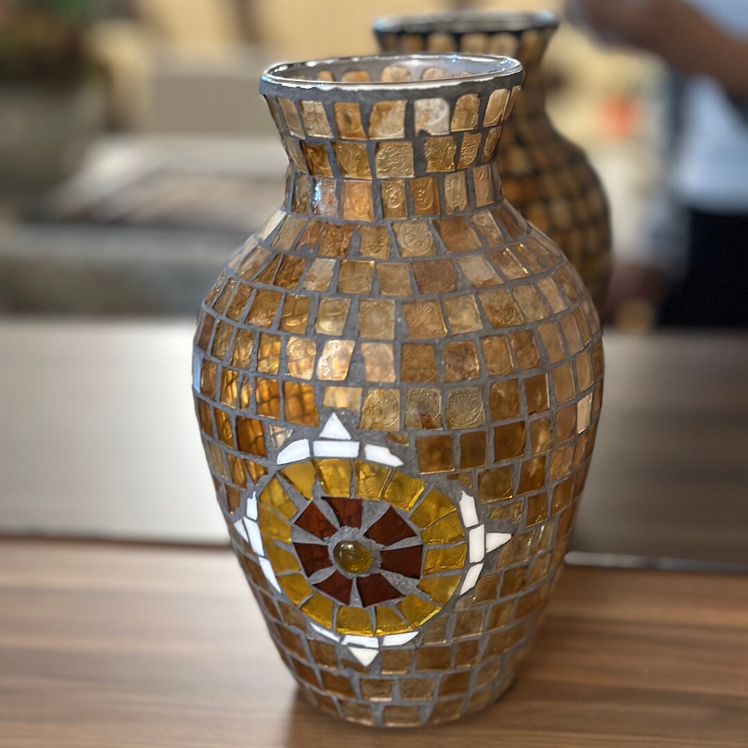 Authentic Decorative Mosaic Glass Vase, Handmade Brown Glass Vase