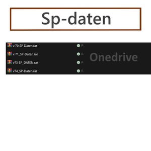 May include: A screenshot of a computer file directory. The top of the image has the text "Sp-daten" in a white box with a brown border. Below are several files with the name "SP-Daten.rar" and the word "Onedrive".