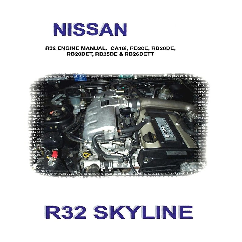 May include: A close-up view of a Nissan R32 Skyline engine. The engine is silver and black with a black Nissan logo on the valve cover. The engine is surrounded by various hoses and wires.