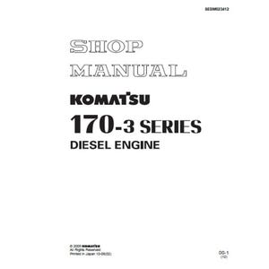 May include: A white shop manual cover with black text. The text reads "SHOP MANUAL" above "KOMATSU 170-3 SERIES DIESEL ENGINE". The Komatsu logo is prominent. The manual is for a diesel engine.