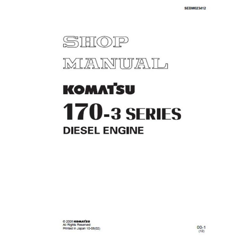 Puede incluir: Una portada de manual de taller blanca con texto negro. El texto dice "SHOP MANUAL" encima de "KOMATSU 170-3 SERIES DIESEL ENGINE". El logotipo de Komatsu es prominente. El manual es para un motor di&eacute;sel.