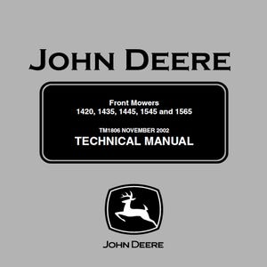 Könnte beinhalten: Grauer Hintergrund mit dem John Deere-Logo oben und unten. Ein schwarzes Rechteck in der Mitte enthält den Text "Front Mowers 1420, 1435, 1445, 1545 and 1565 TM1806 NOVEMBER 2002 TECHNICAL MANUAL."