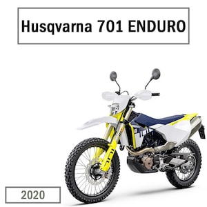 May include: A white and yellow 2020 Husqvarna 701 Enduro motorcycle. The motorcycle has a blue and white seat and a black exhaust pipe.