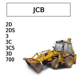 Puede incluir: Una retroexcavadora JCB amarilla con una cuchara delantera y un brazo trasero. La imagen incluye el texto "JCB" en un cuadro rectangular, junto con los números de modelo 2D, 2DS, 3, 3C, 3CS, 3D y 700.
