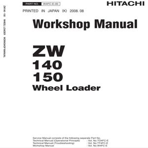 May include: A white Workshop Manual for ZW 140 and 150 Wheel Loaders. The cover features the Hitachi logo and the text "Workshop Manual" in bold black letters. The manual was printed in Japan in 2008.