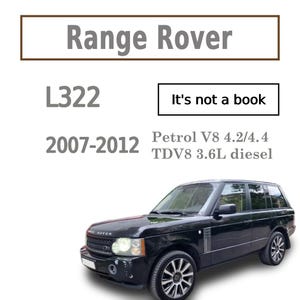 May include: A black Range Rover L322 SUV is shown, with text indicating the model years 2007-2012 and engine options. The text "It's not a book" is also present. The vehicle has a sleek, modern design.