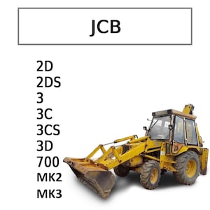 Puede incluir: Una retroexcavadora JCB amarilla con un gran cucharón delantero y un brazo trasero. La imagen incluye el texto "JCB" en un cuadro rectangular, junto con números de modelo como "2D", "3" y "700". La máquina está sobre un fondo blanco.