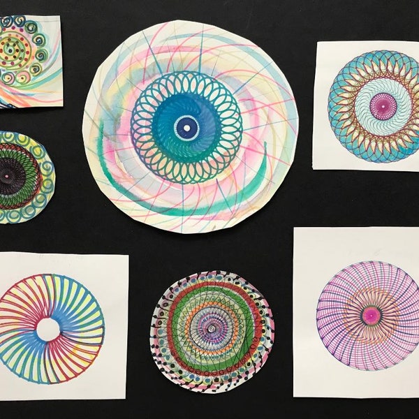 Collage Papers Scrapbook Journal Hand Drawn Hand Painted Artwork Watercolor Mixed Media Original Art 7 pieces Spirograph papers cutouts