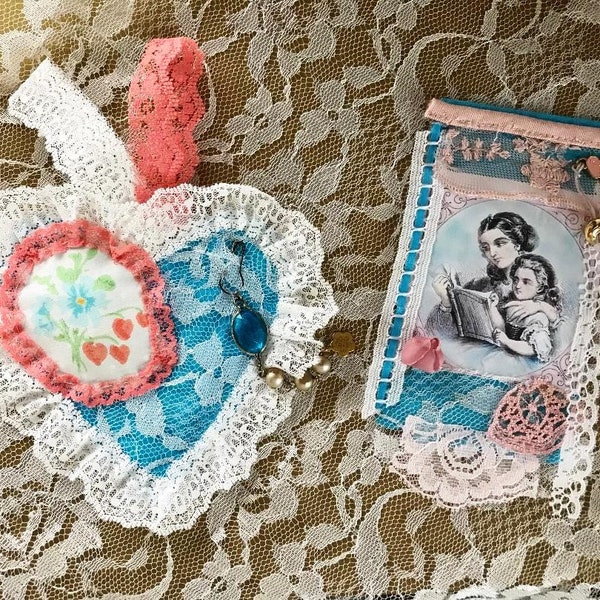 Set of 2 handmade fabric clusters tags shabby chic ephemera junk journal slow stitch elegant embellishments scrapbook boudoir bedroom bath