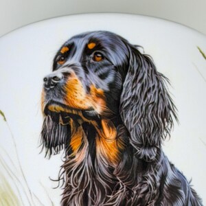 K&ouml;nnte beinhalten: Eine detaillierte Illustration eines Gordon Setters mit langem, welligem schwarzem Fell und satten lohfarbenen Abzeichen an Schnauze, Augenbrauen und Brust. Der Hund ist im Profil vor einem hellen Hintergrund mit feinen Grashalmen dargestellt.