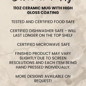 K&ouml;nnte beinhalten: Text auf beigem Hintergrund mit der Aufschrift "Ceramic Mug" und Details &uuml;ber den Becher, darunter "11OZ CERAMIC MUG WITH HIGH GLOSS COATING", "TESTED AND CERTIFIED FOOD SAFE" und "CERTIFIED DISHWASHER SAFE". Der Text endet mit "Thank you for looking!"