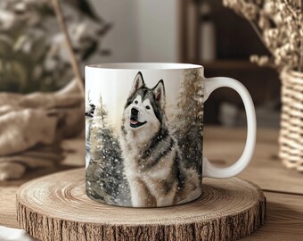 Könnte beinhalten: Weiße Keramiktasse mit einer detaillierten Illustration eines Husky-Hundes in einer verschneiten Waldszene. Der Hund hat schwarzes und graues Fell und lächelt. Die Tasse steht auf einer Holzscheibe.
