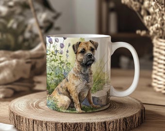 Border Terrier Dog Greenery Floral Mug: Handmade Ceramic Coffee Cup, Pet Lover Gift