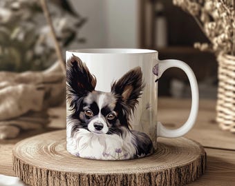 Könnte beinhalten: Weiße Keramiktasse mit einer detaillierten Illustration eines langhaarigen Chihuahuas. Der Hund hat schwarzes, weißes und braunes Fell. Die Tasse hat einen gebogenen Henkel und ist mit lila Blumen verziert. Die Tasse steht auf einer Holzscheibe.