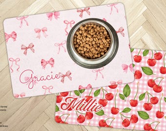 Custom Pet Food Mat Personalized Dog Food Mat Placemat With Name Rubber Non-Slip | Pink Bow Coquette Cherry