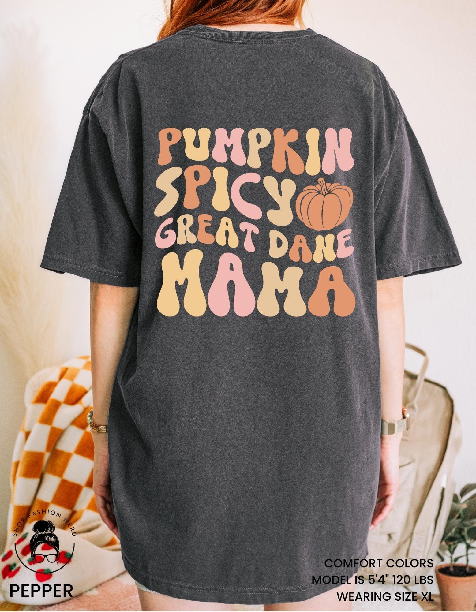 Discover Fall Great Dane Shirt Pumpkin Spice Great Dane Gift Funny Dog Mom T-Shirt  Tshirt Back Print Retro Groovy Tee Wavy Text Back