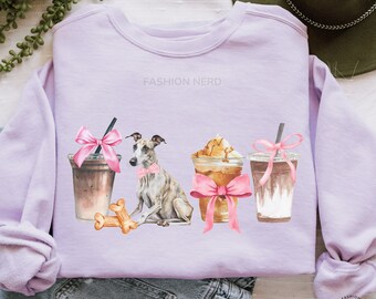 Greyhound Sweatshirt Coquette Iced Coffee Crewneck Bow Pink Ribbon Sweater Pink Bow Shirt Dog Mom Gift Comfort Colors 1566