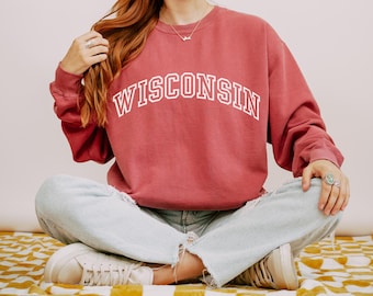 Wisconsin Crewneck Sweatshirt Wisconsin Shirt Women Wisconsin Gifts Wisconsin Sweater Comfort Colors 1566 Long Sleeve Pullover Varsity