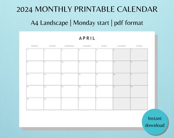 Minimalistischer druckbarer Kalender 2024 | Monatsplaner 2024 | A4 | Landschaft | Herunterladen | Digitales PDF