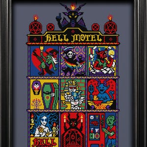 Hell Motel Cross Stitch SAL Mystery Stitch Along Pattern Halloween Gothic PDF Download immediato Snarky Funny Spooky Modern Xstitch Chart