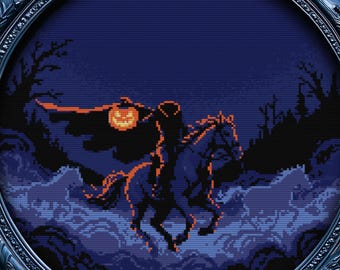 May include: A framed cross-stitch depicting the Headless Horseman riding a horse through a dark, misty forest. The artwork features a pumpkin-headed figure with an orange glow, set against a deep blue night sky. The frame is black and ornate, adding a vintage touch.