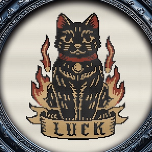 Lucky Hellcat Korsstygnsmönster Gåva till Halloween Skräckhäxa Nyckfull Rolig Tatueringskonst Katt Spöklik Gotisk Modern Enkel Xstitch